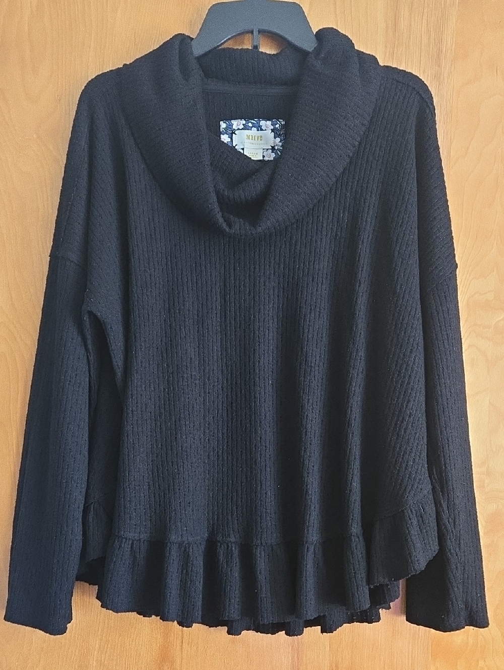 Anthropologie Black Cowl-Neck Ruffle-Hem Sweater